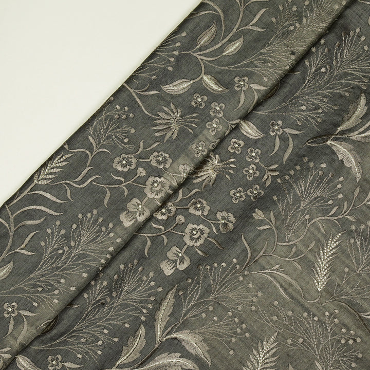 Tarali Jaal On Charcoal Tussar Silk Embroidered Fabric