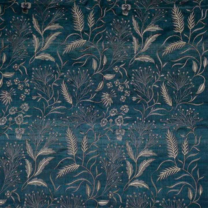 Tarali Jaal On Blue Tussar Silk Embroidered Fabric