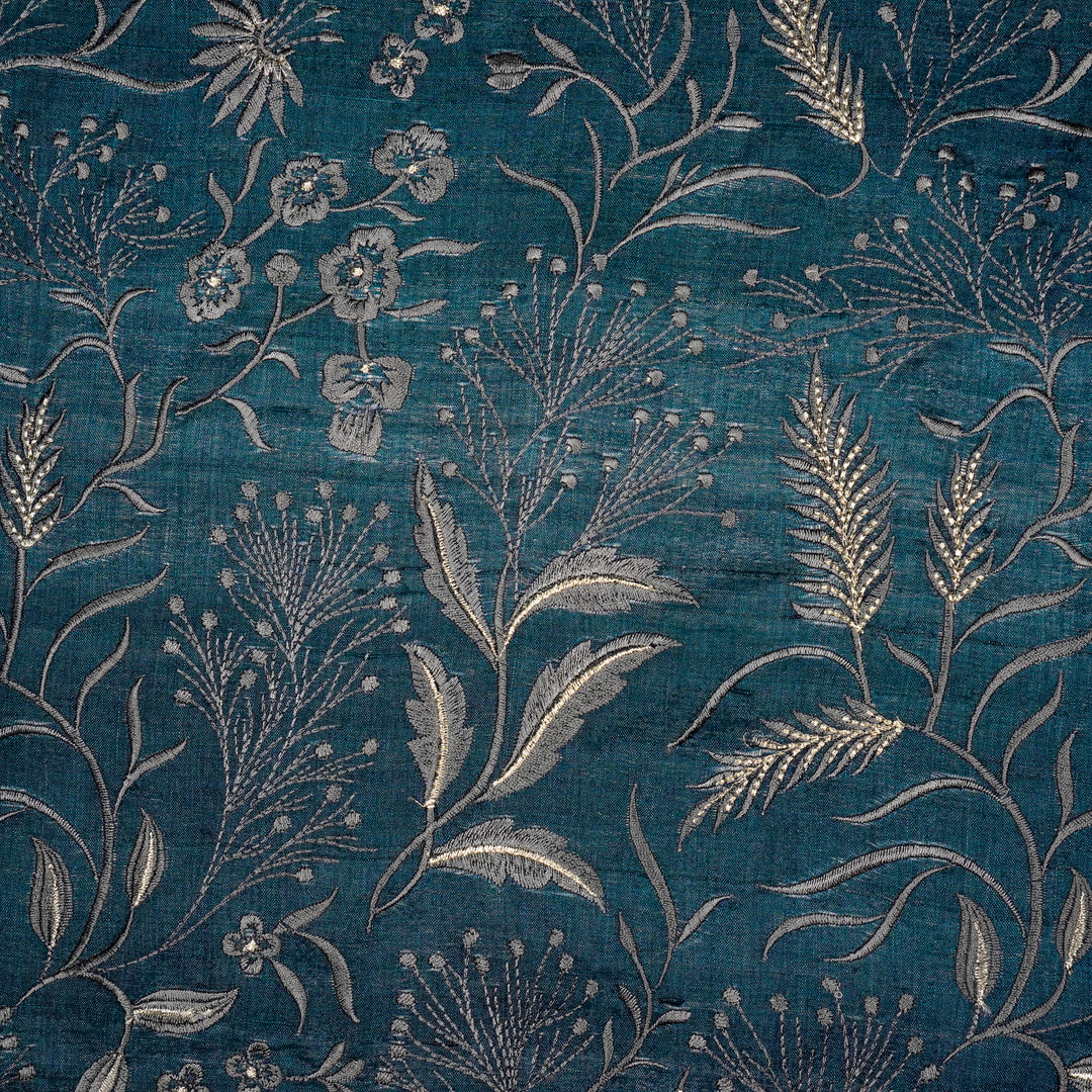 Tarali Jaal On Blue Tussar Silk Embroidered Fabric