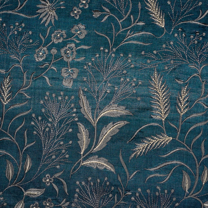 Tarali Jaal On Blue Tussar Silk Embroidered Fabric