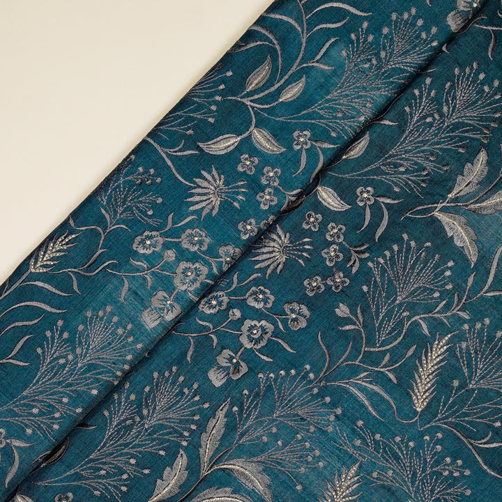 Tarali Jaal On Blue Tussar Silk Embroidered Fabric