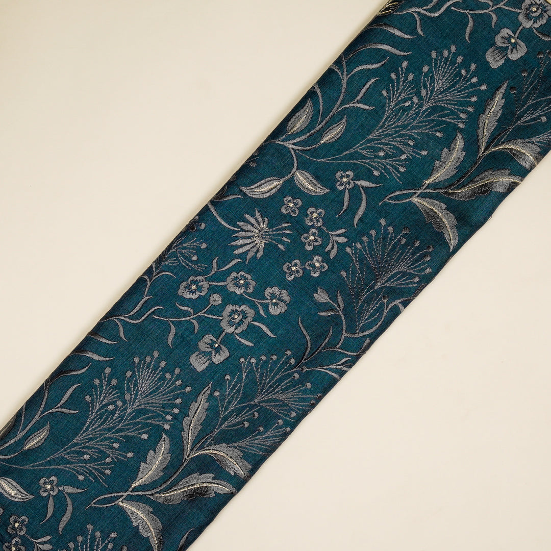 Tarali Jaal On Blue Tussar Silk Embroidered Fabric