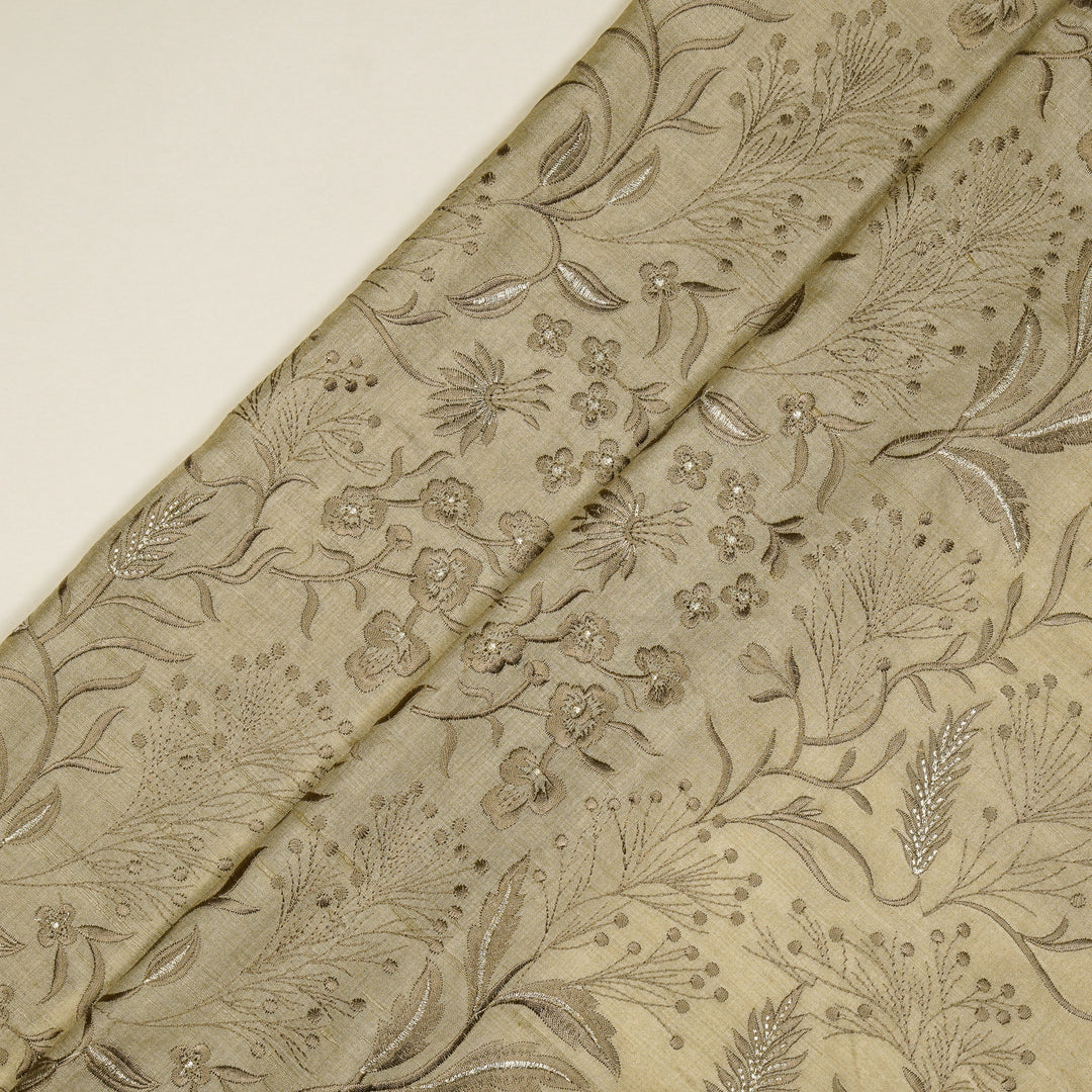 Tarali Jaal On Almond Tussar Silk Embroidered Fabric