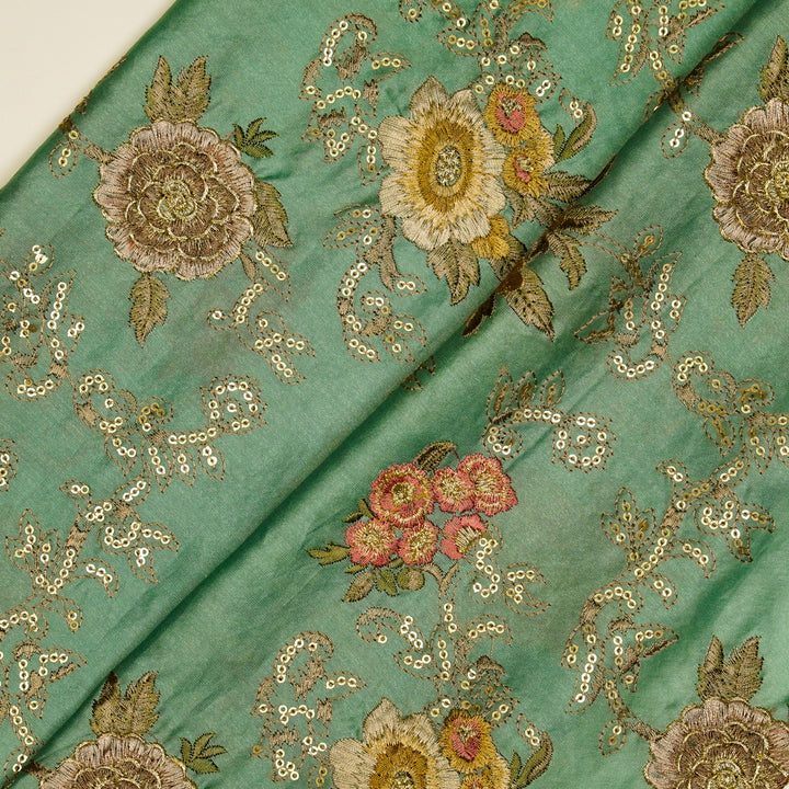 Abhra Jaal on Light Teal Luxe Silk Chanderi Embroidered Fabric