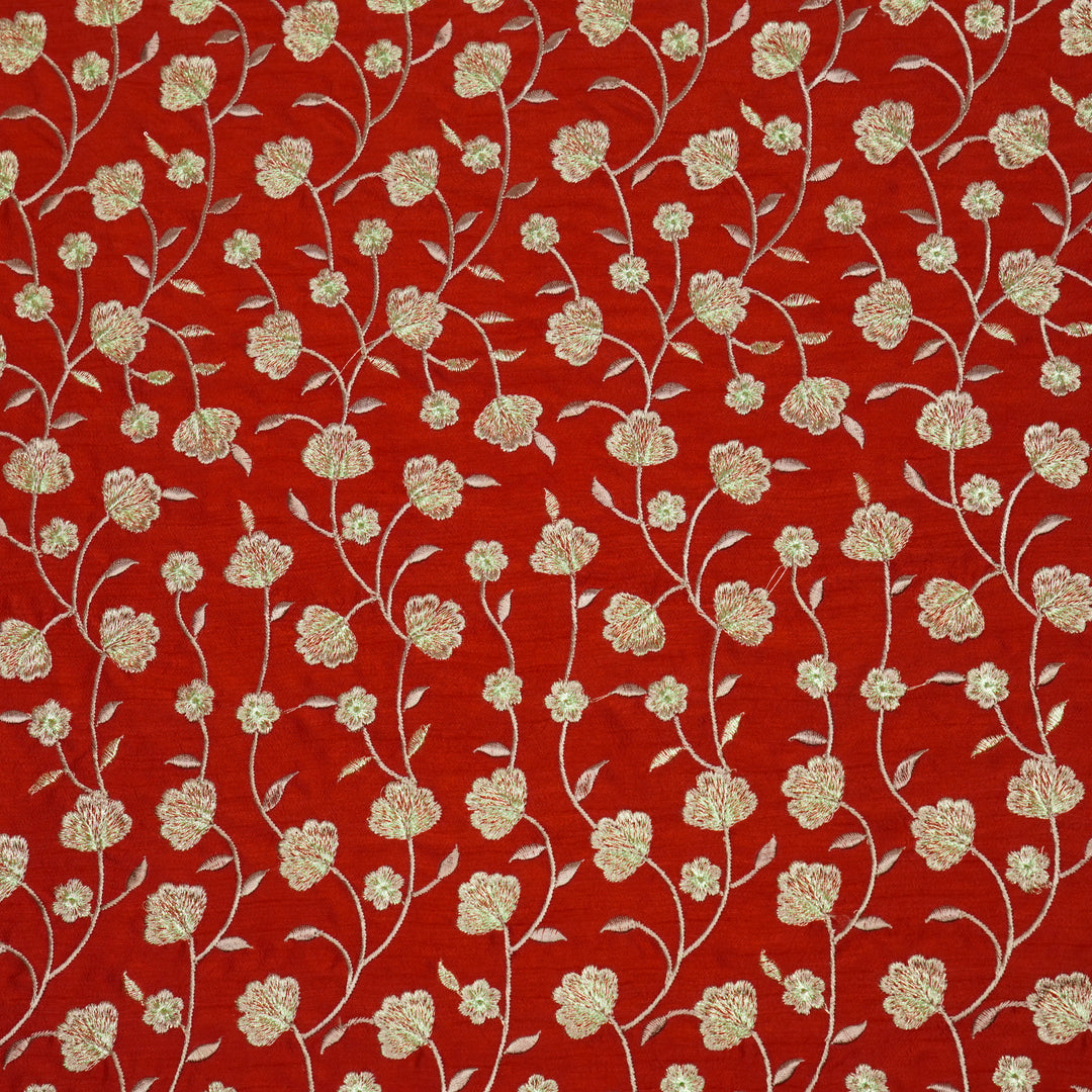 Ismat Jaal on Red Dola Silk Embroidered Fabric