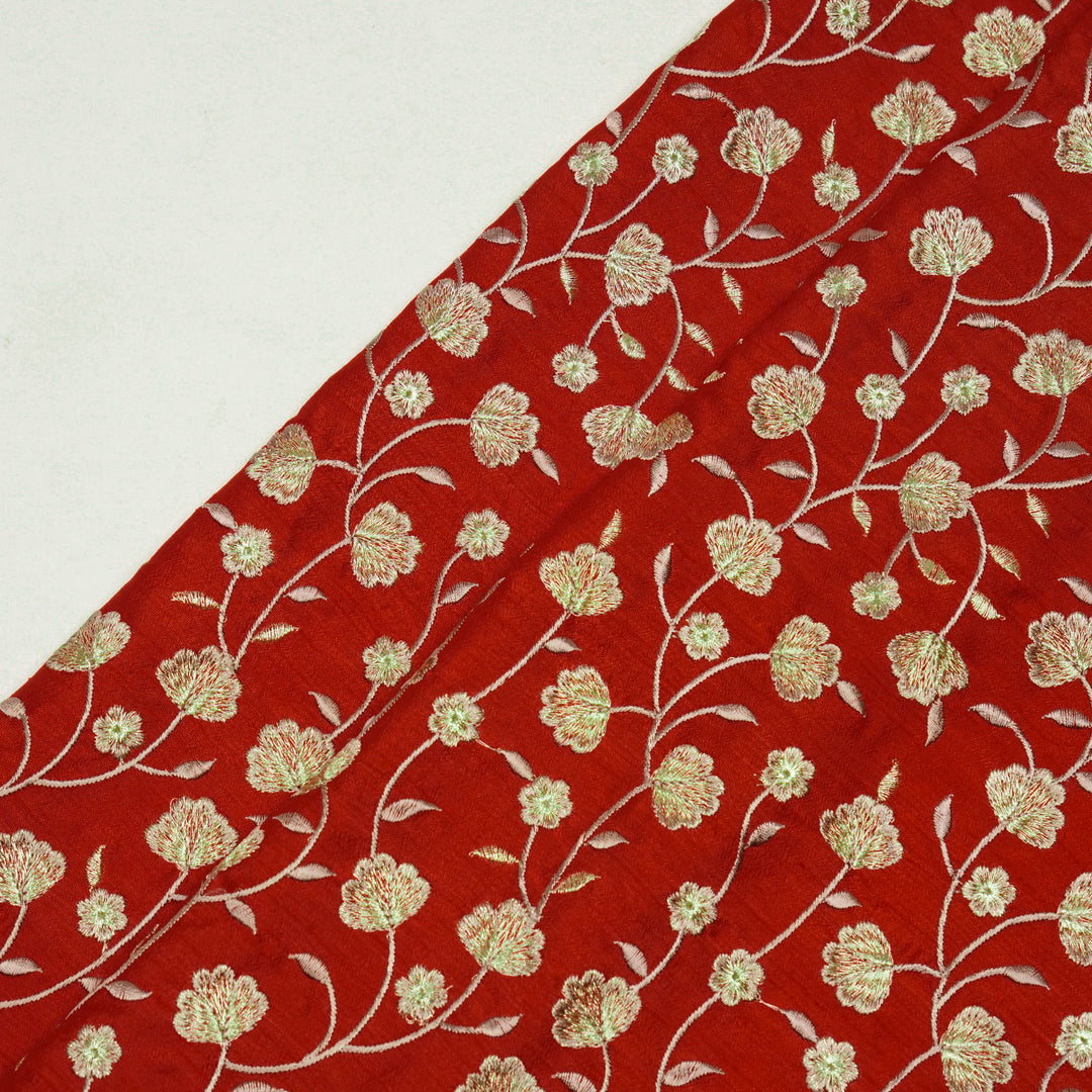Ismat Jaal on Red Dola Silk Embroidered Fabric
