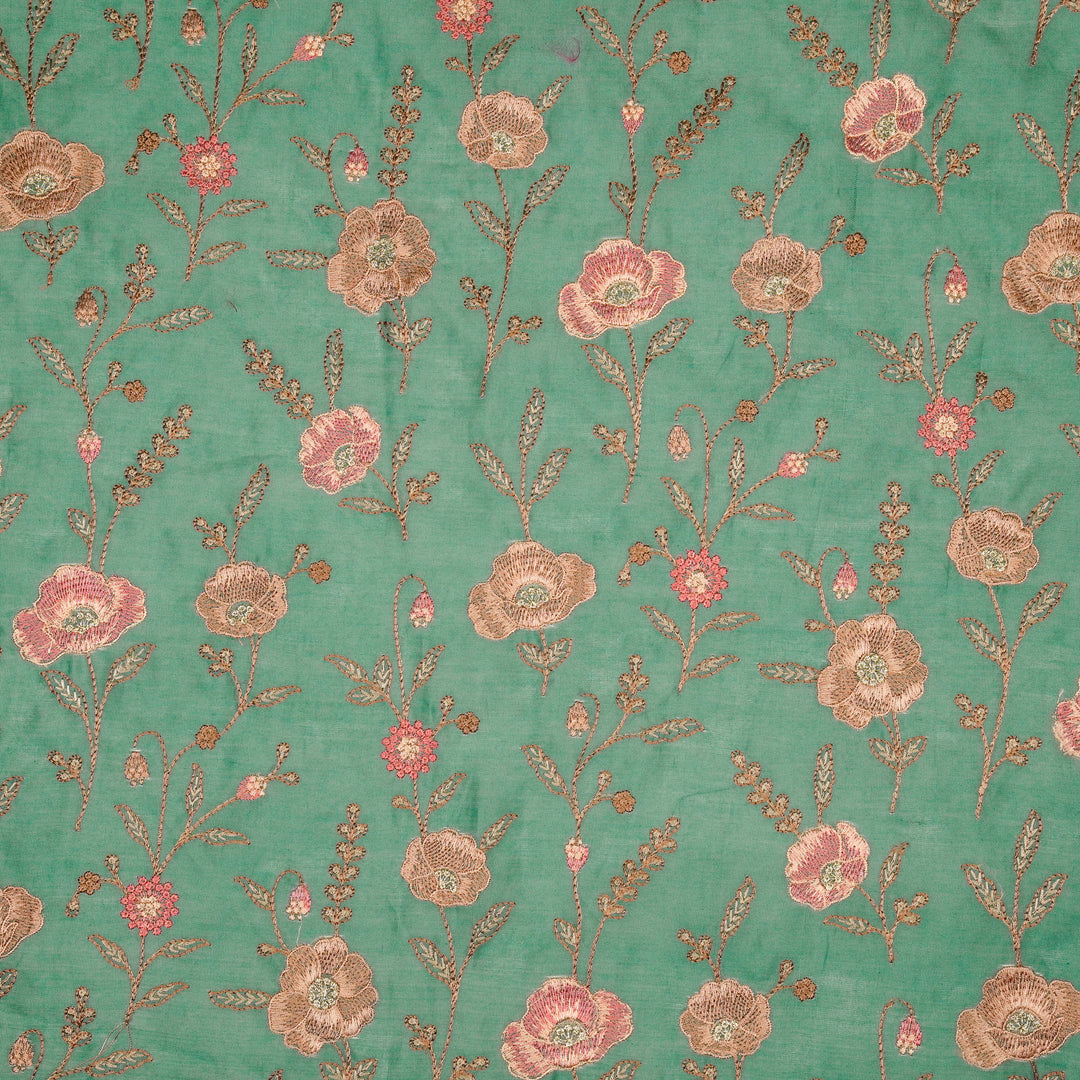 Sahra Jaal on Aqua Teal Silk Chanderi Embroidered Fabric