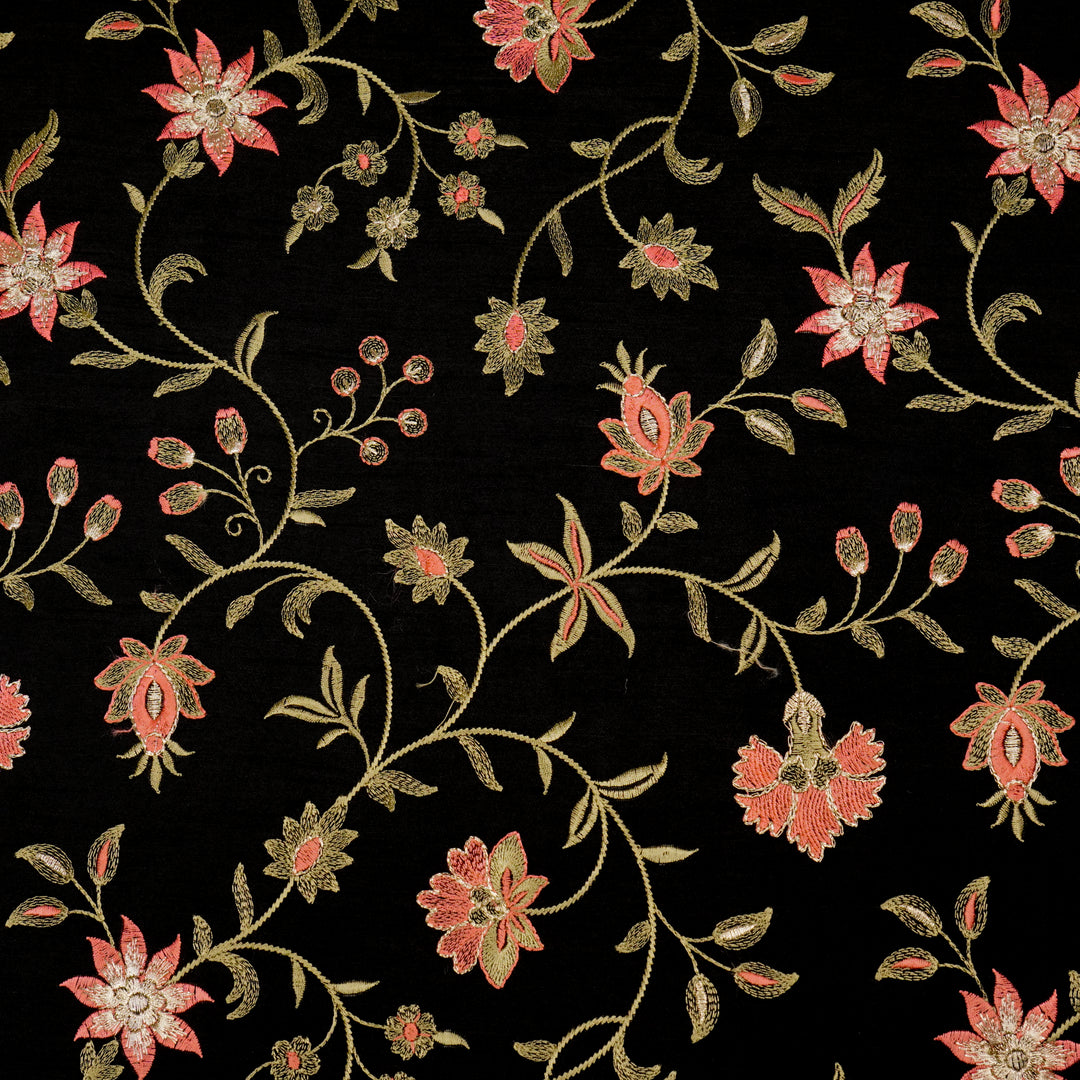 Zeba Jaal on Black Semi Raw Silk Embroidered Fabric