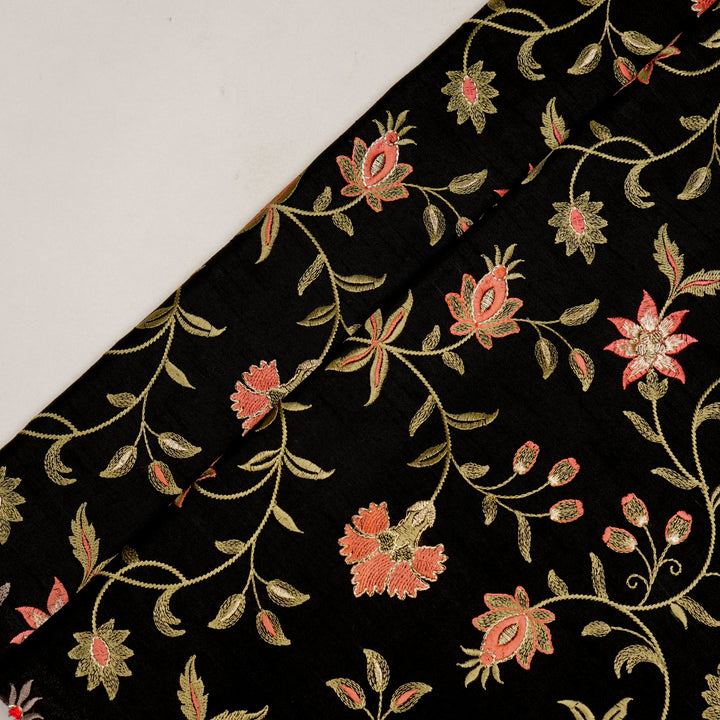 Zeba Jaal on Black Semi Raw Silk Embroidered Fabric