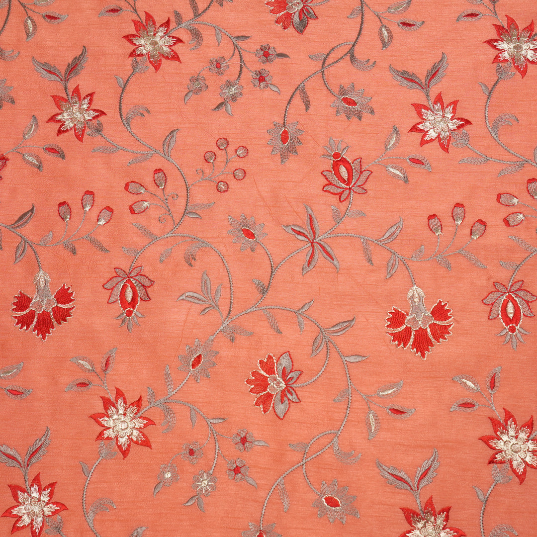 Zeba Jaal on Warm Peach Semi Raw Silk Embroidered Fabric