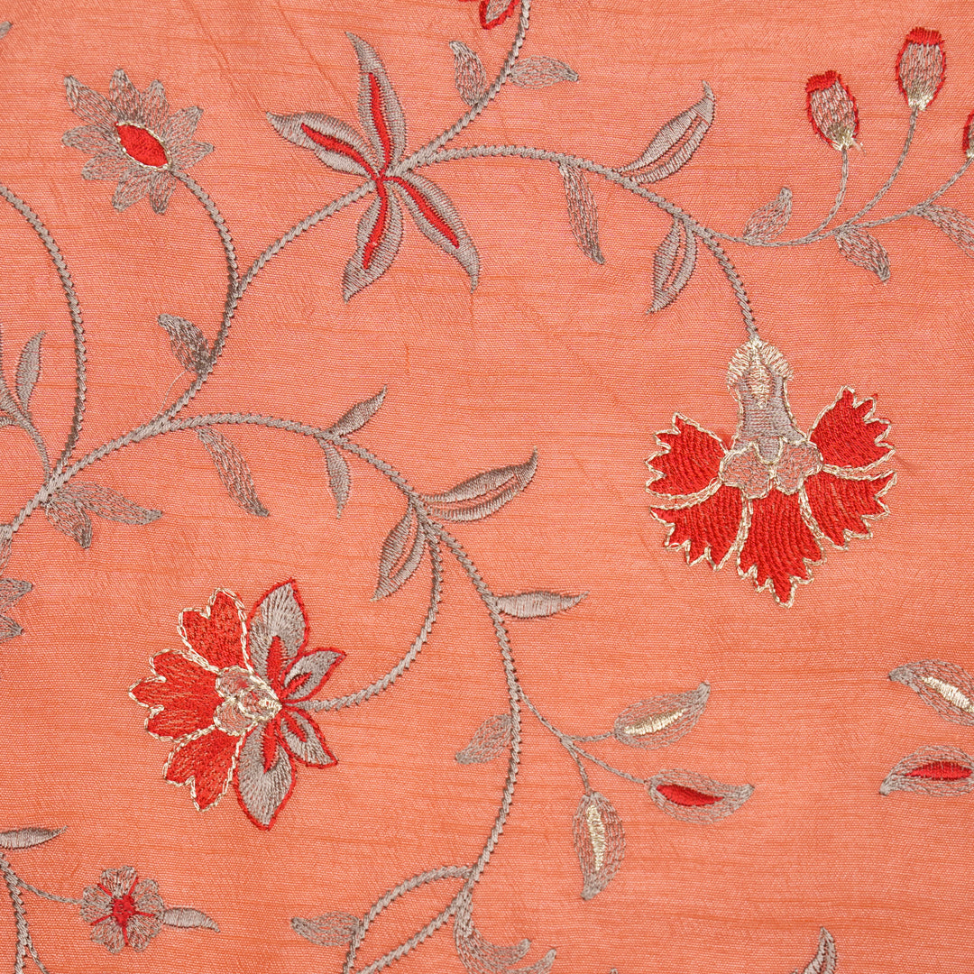 Zeba Jaal on Warm Peach Semi Raw Silk Embroidered Fabric