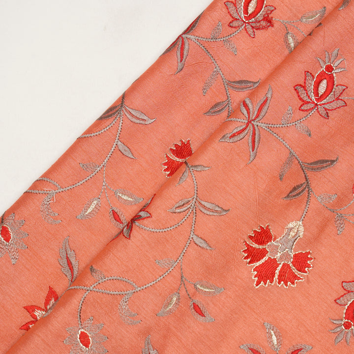 Zeba Jaal on Warm Peach Semi Raw Silk Embroidered Fabric