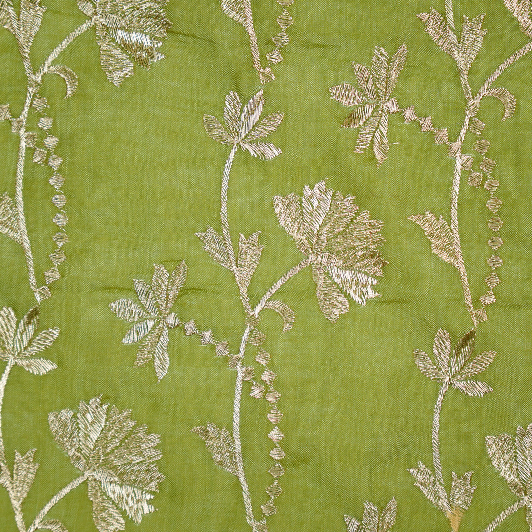 Nazma Jaal on Pista Green Tussar Chanderi Embroidered Fabric