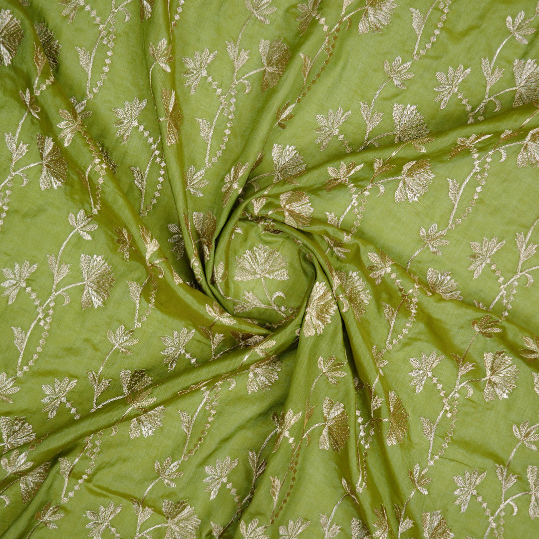 Nazma Jaal on Pista Green Tussar Chanderi Embroidered Fabric