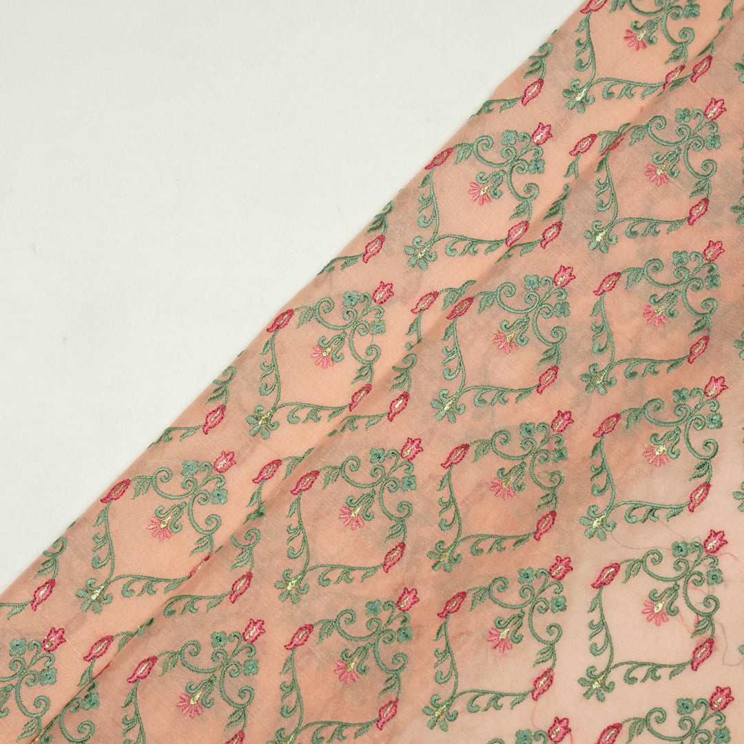 Aniza Jangla on Peach Semi Chanderi Embroidered Fabric