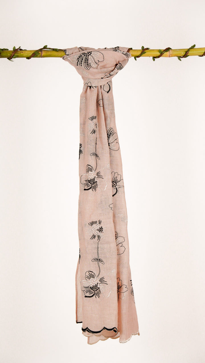 Zinha Embroidered Stole on Almond Gauged Linen