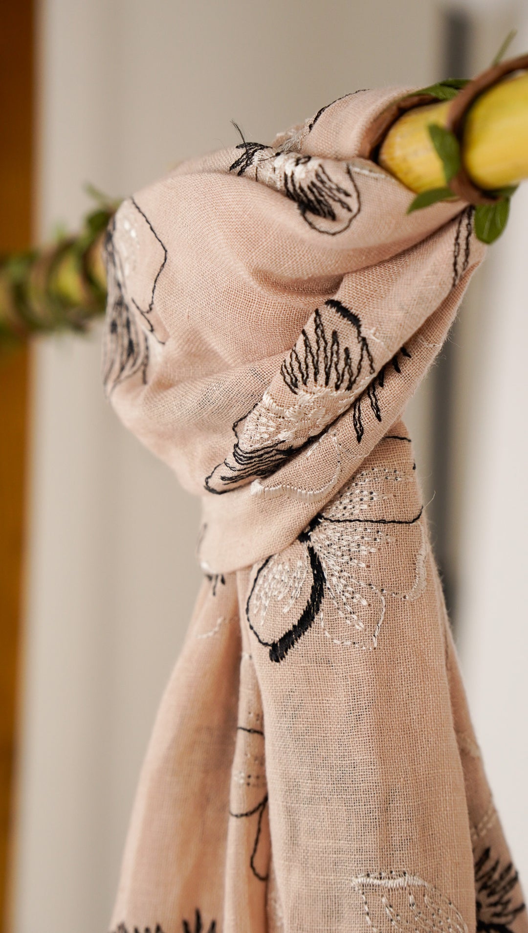 Zinha Embroidered Stole on Almond Gauged Linen