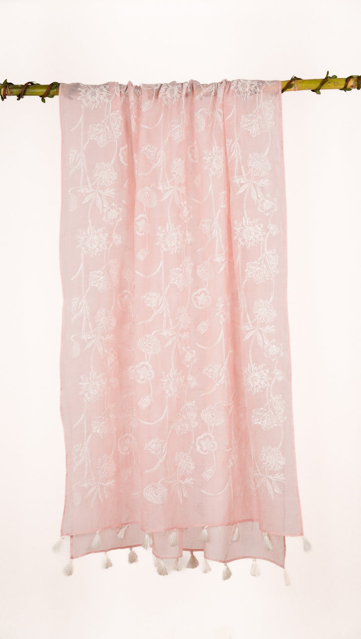 Sofia Embroidered Stole on Baby Pink Cotton Silk