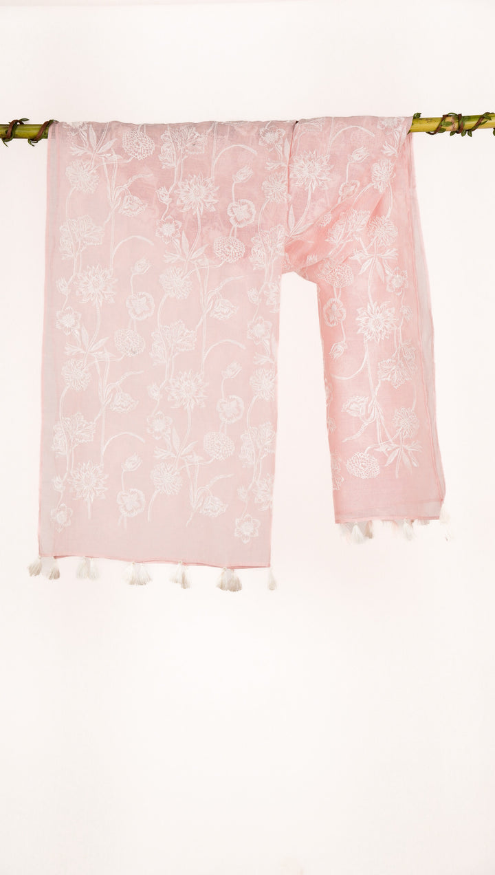 Sofia Embroidered Stole on Baby Pink Cotton Silk