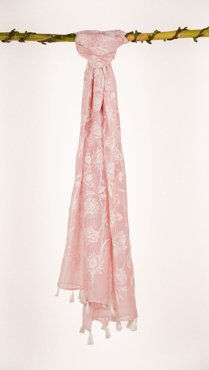 Sofia Embroidered Stole on Baby Pink Cotton Silk