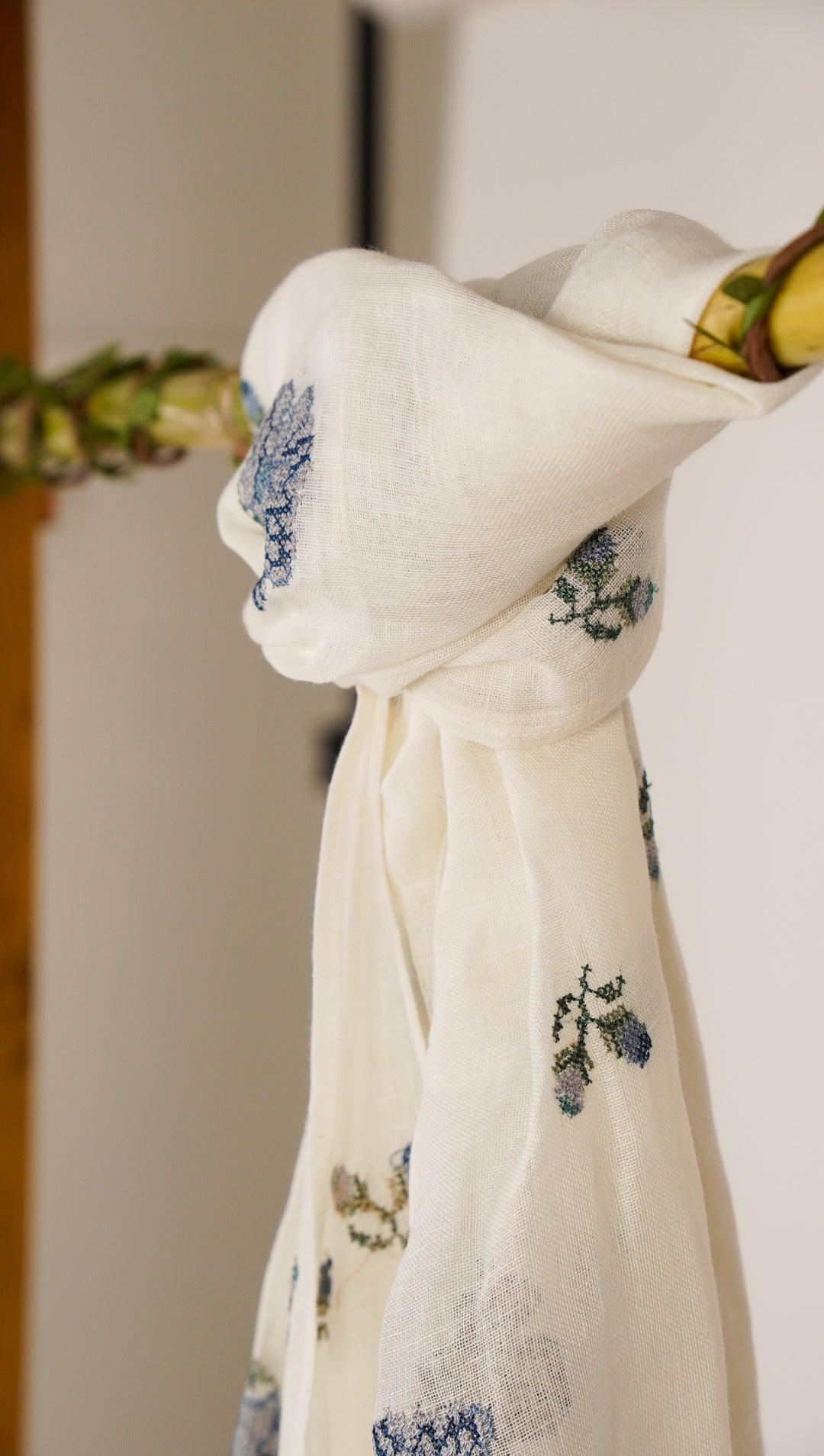 Anna Embroidered Stole on Off White Gauged Linen