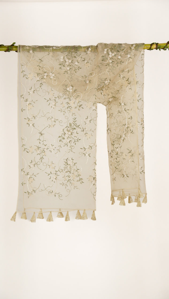 Evelyn Embroidered Stole on Dusky Cream Silk Organza