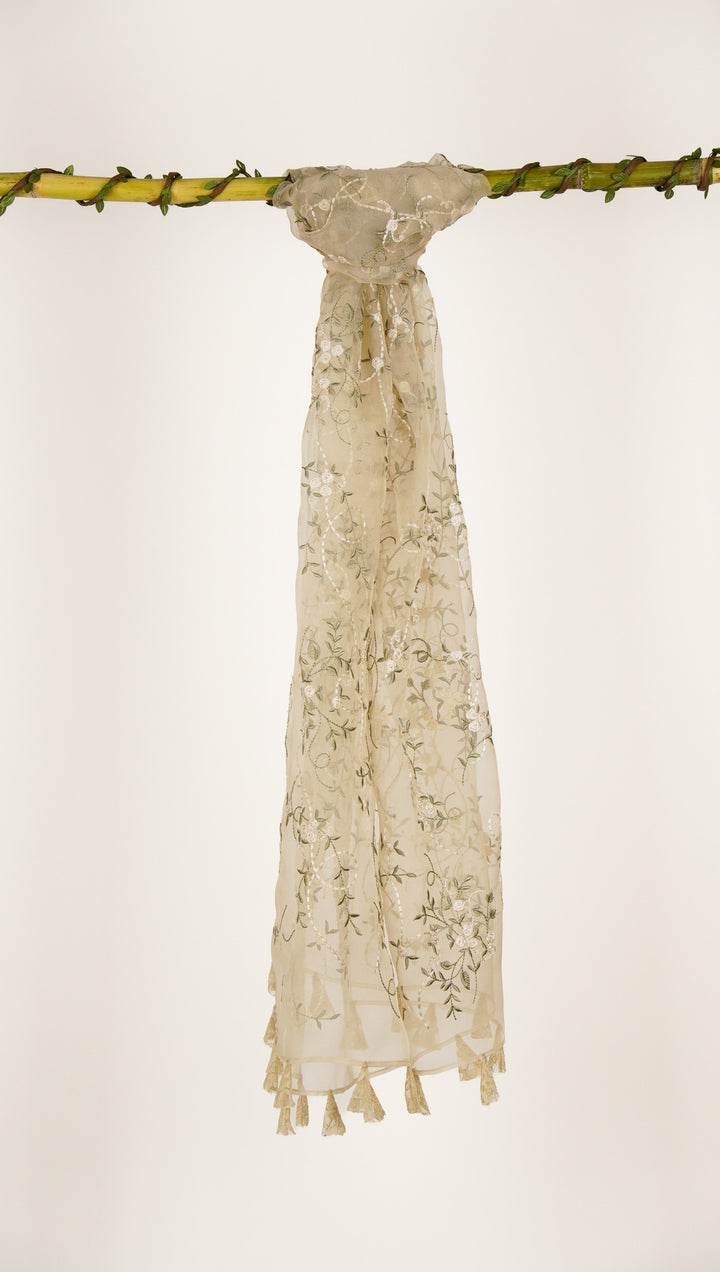 Evelyn Embroidered Stole on Dusky Cream Silk Organza