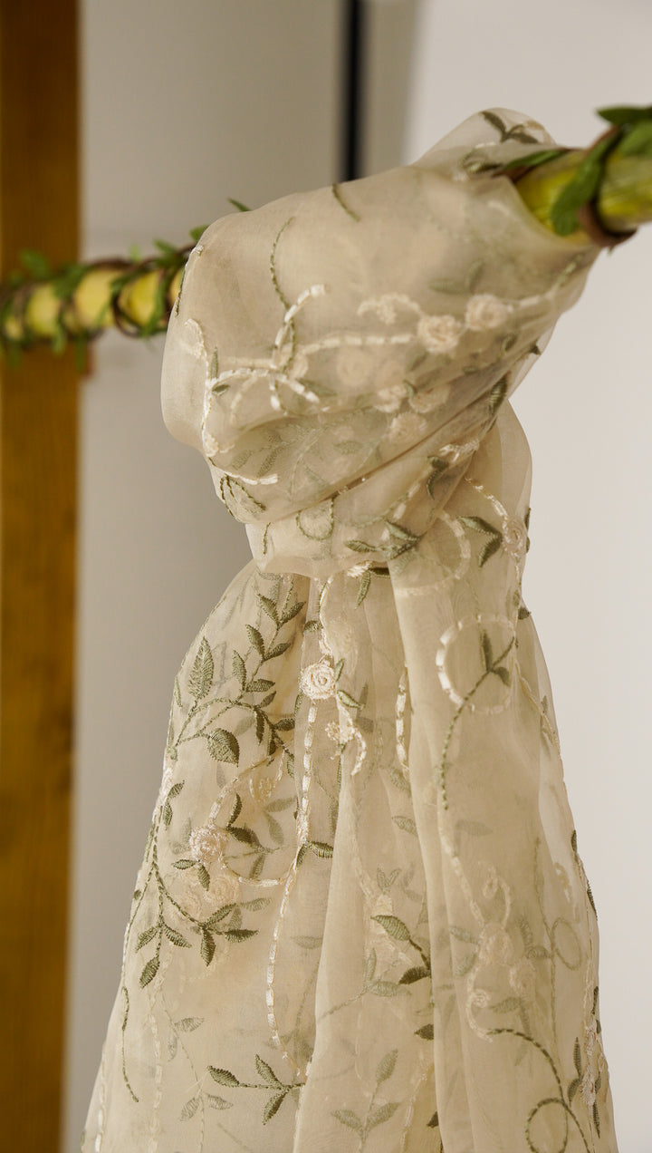 Evelyn Embroidered Stole on Dusky Cream Silk Organza