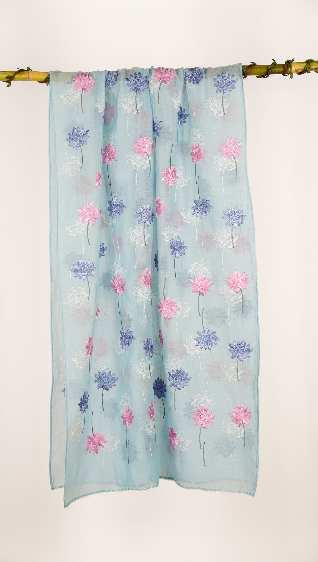 Sarah Embroidered Stole on Sky Blue Cotton Silk