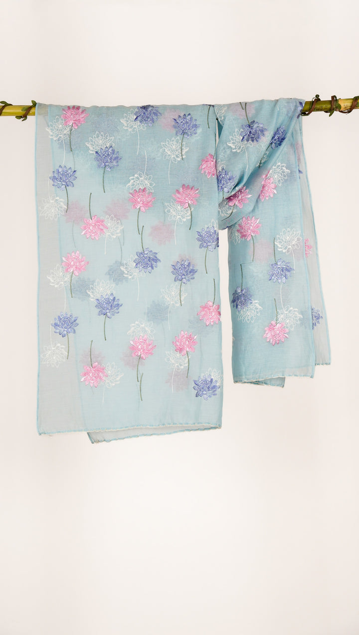 Sarah Embroidered Stole on Sky Blue Cotton Silk