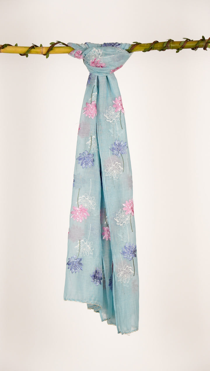 Sarah Embroidered Stole on Sky Blue Cotton Silk