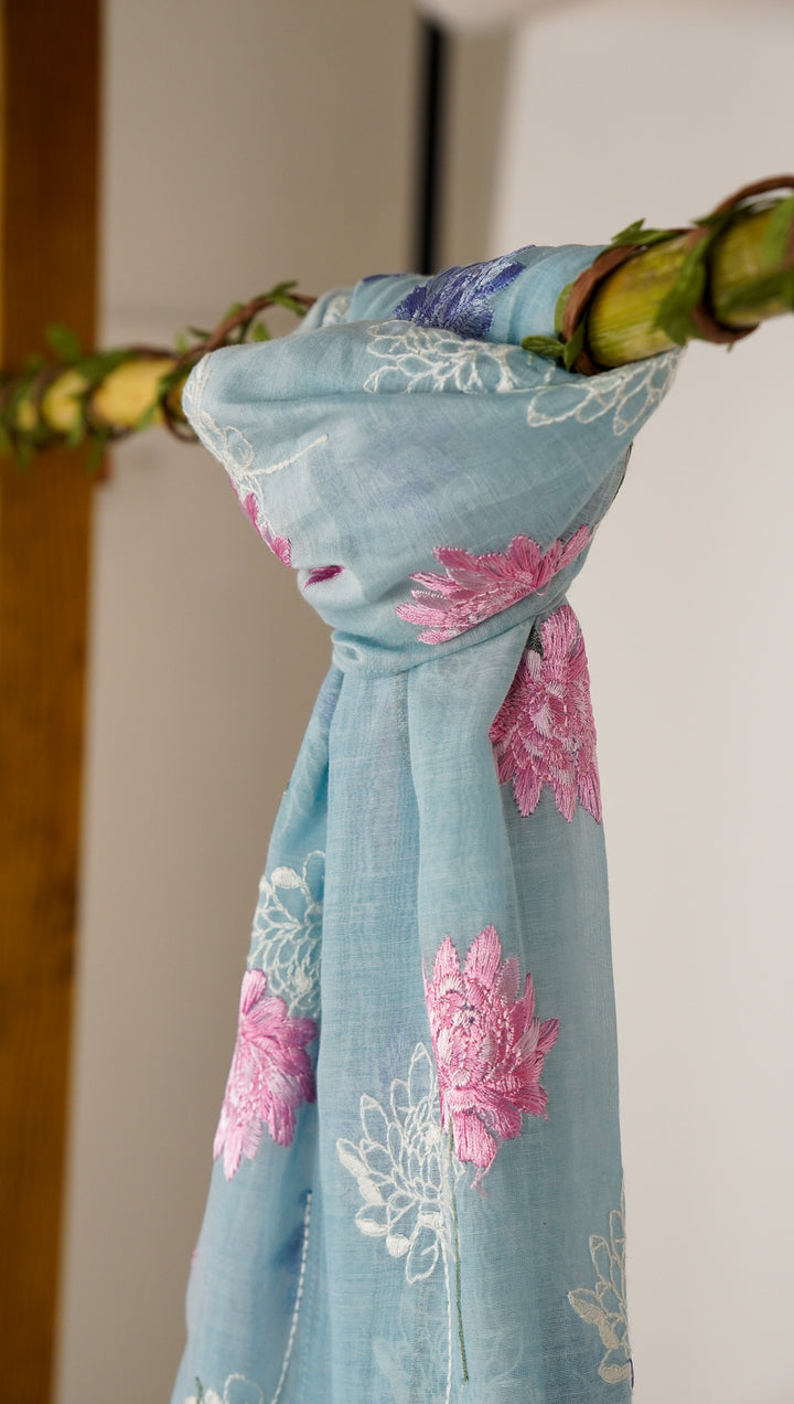 Sarah Embroidered Stole on Sky Blue Cotton Silk