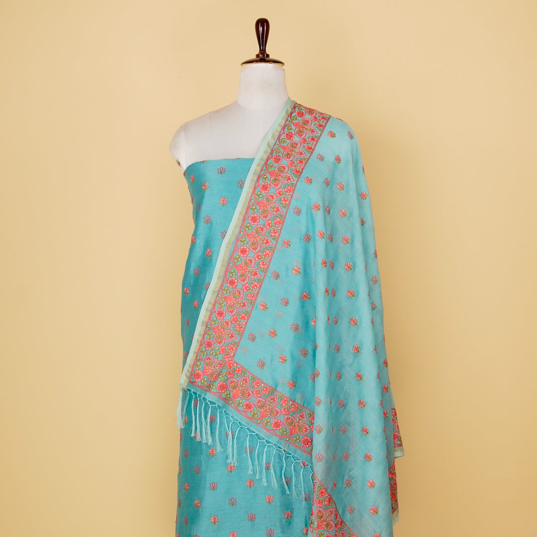 Manjary Buti Suit Fabric Set on Silk Chanderi(Unstitched)- Turquoise