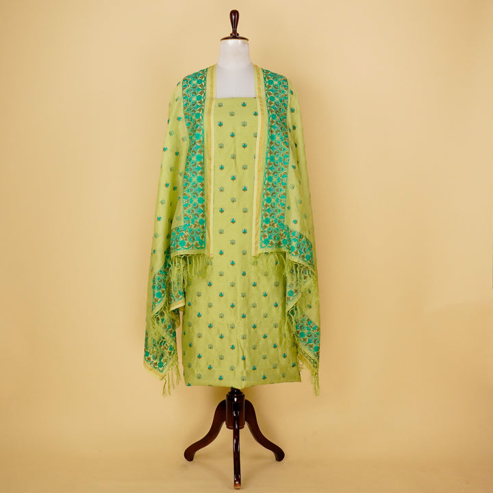Manjary Buti Suit Fabric Set on Silk Chanderi(Unstitched)- Pista Green