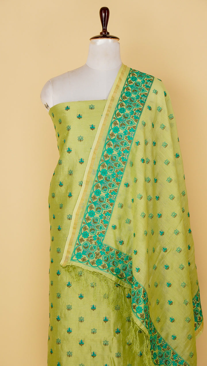 Manjary Buti Suit Fabric Set on Silk Chanderi(Unstitched)- Pista Green