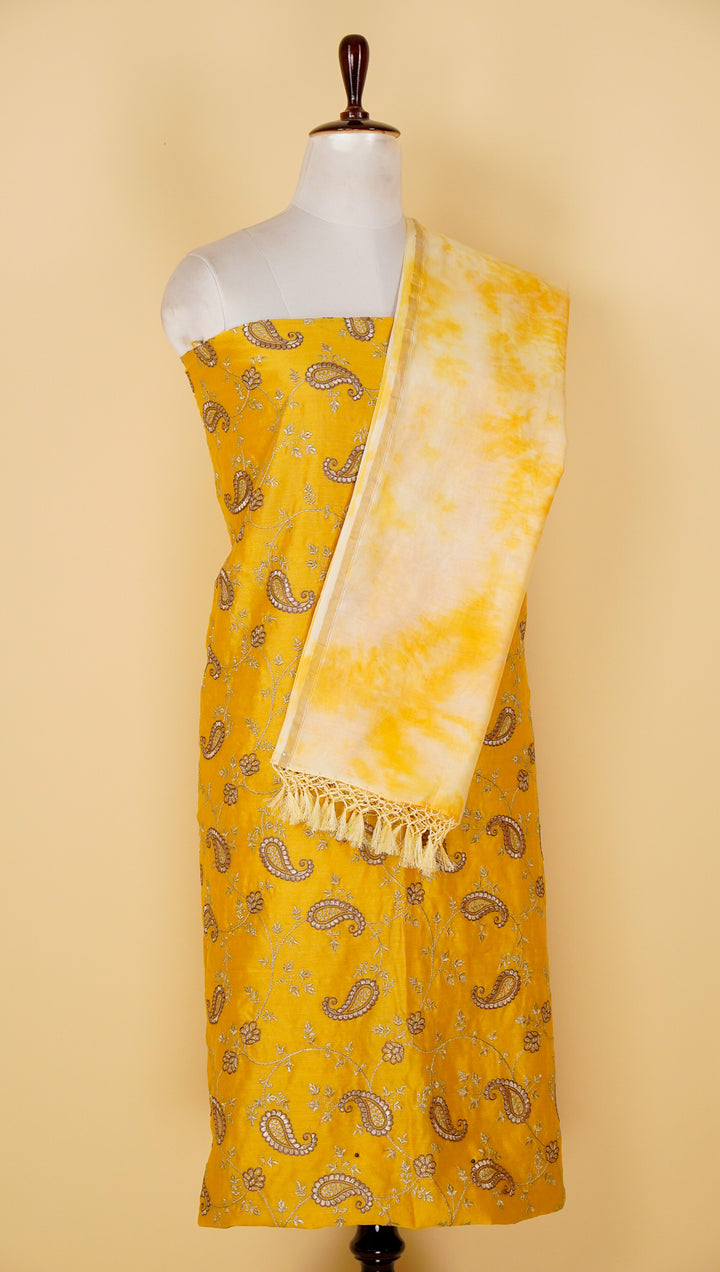 Nitya Jaal Suit fabric set on Silk Chanderi (Unstitched)- Gold