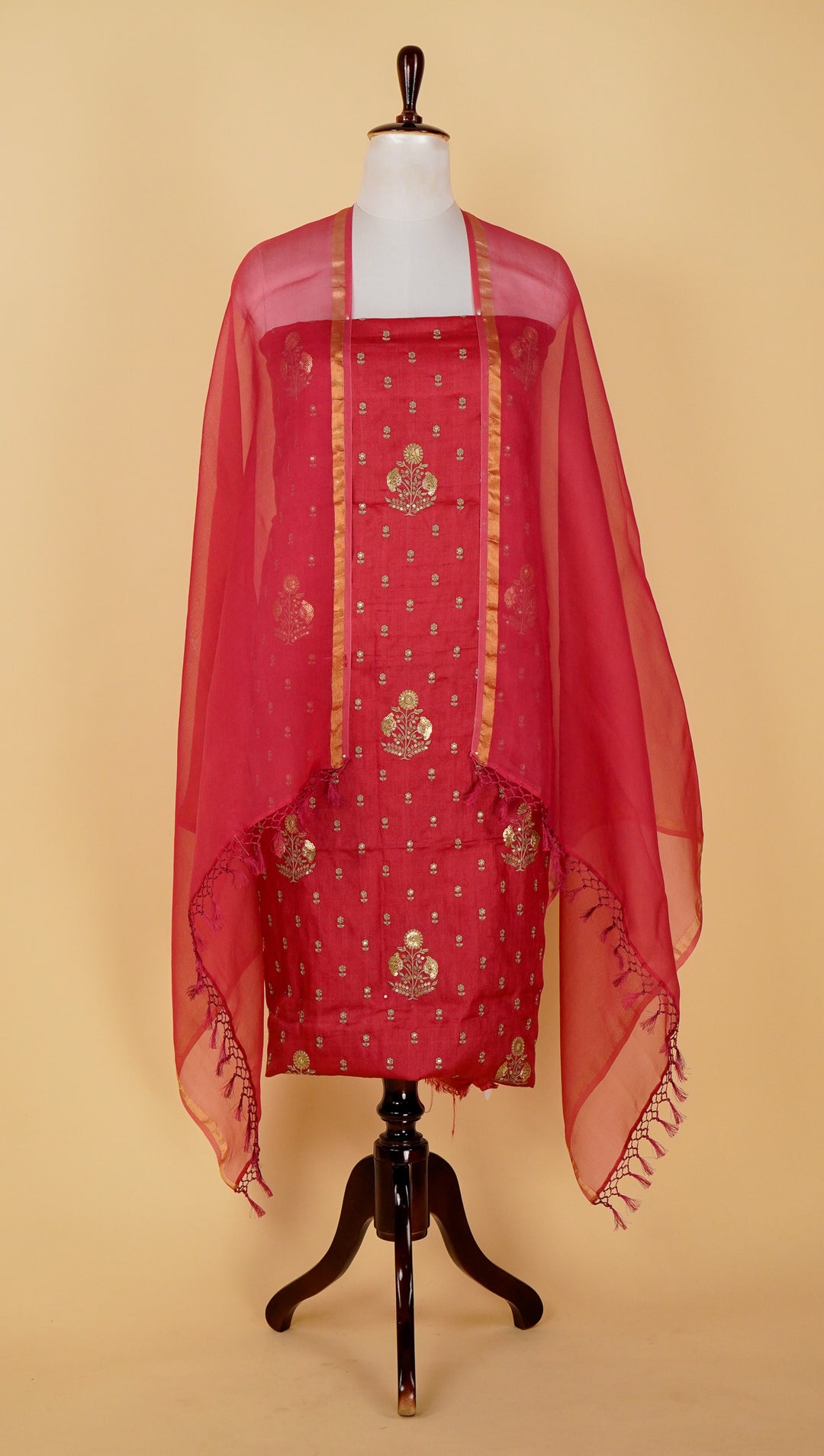 Lina Mix Buta Suit fabric set on Tussar Silk (Unstitched)- Maroon