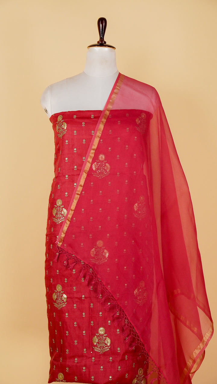 Lina Mix Buta Suit fabric set on Tussar Silk (Unstitched)- Maroon