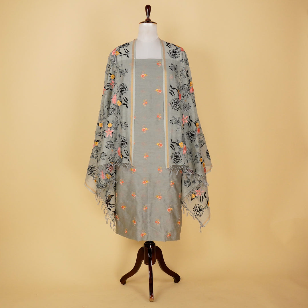 Taniskha Buti Suit fabric set on Silk Chanderi (Unstitched)- Grey