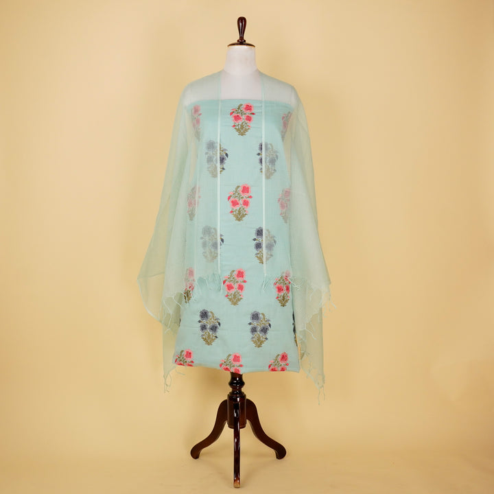 Aria Floral Buta Suit fabric set on Malmal (Unstitched)- Sky Blue