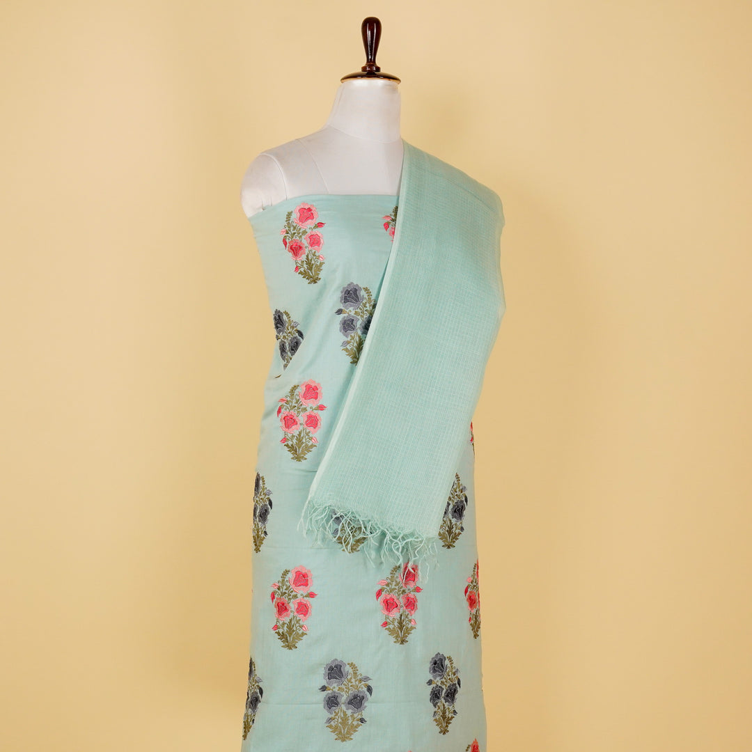 Aria Floral Buta Suit fabric set on Malmal (Unstitched)- Sky Blue