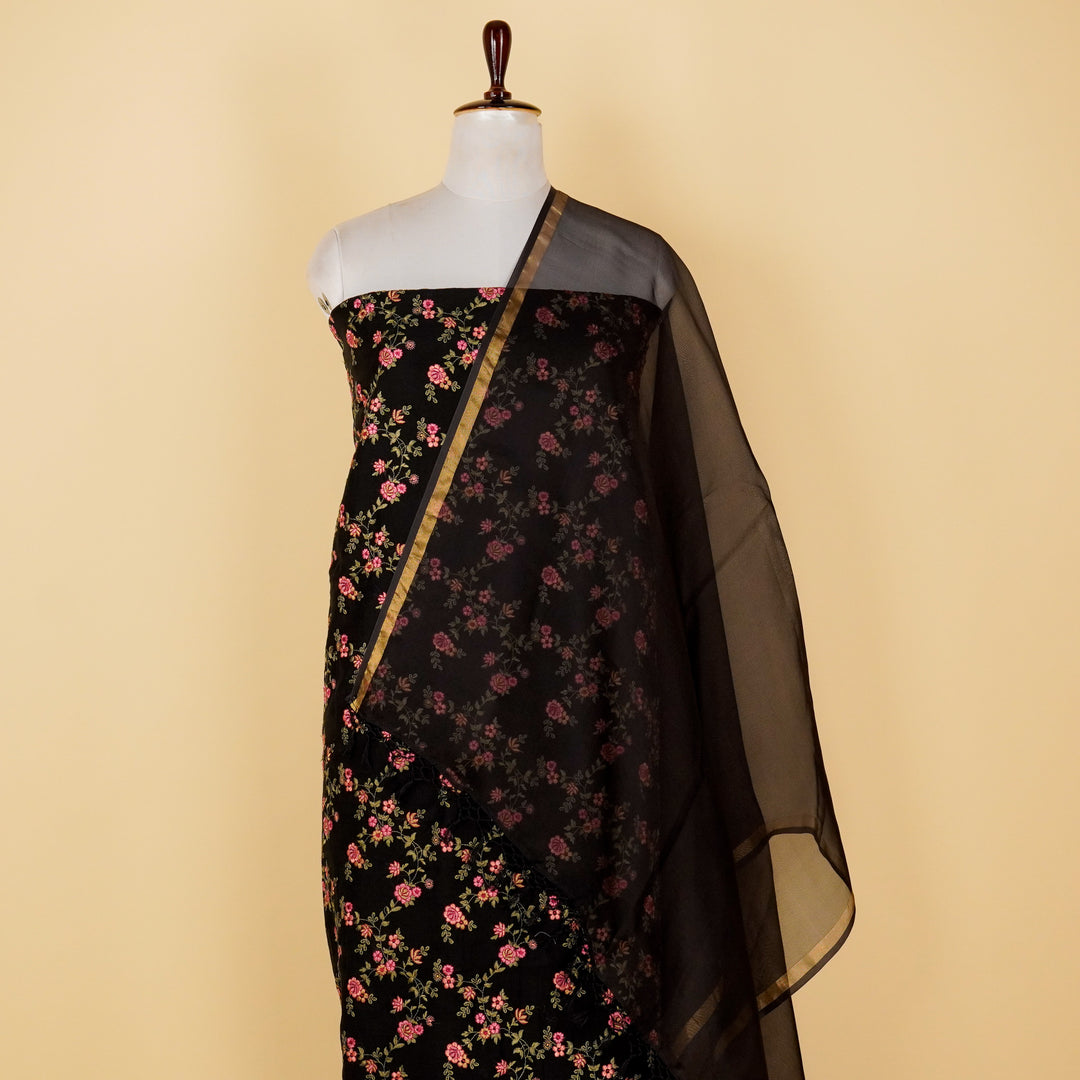 Ivana Jaal Suit fabric set on Cotton Silk (Unstitched)- Black