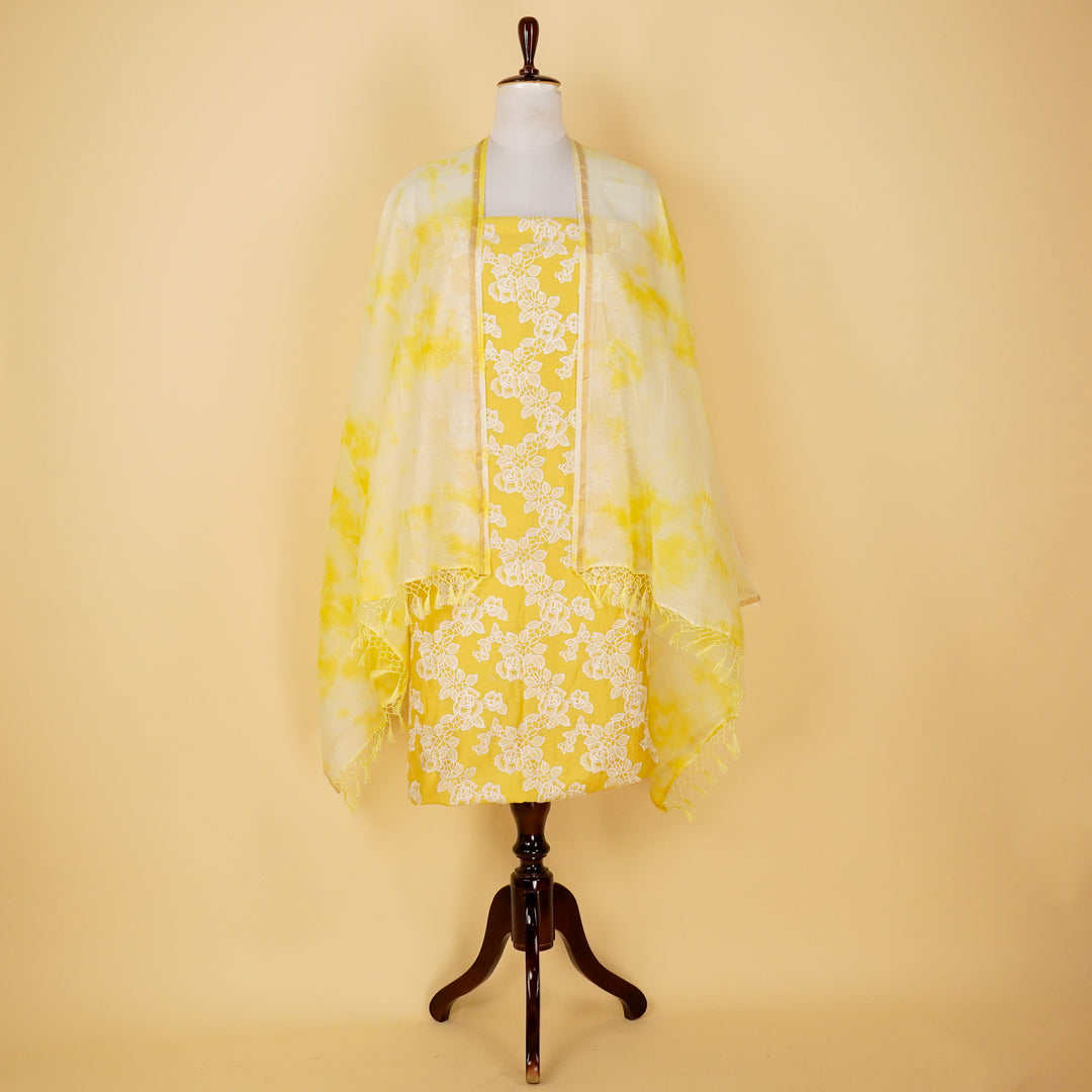 Manasvi Jaal Suit fabric set on Silk Chanderi (Unstitched)- Lemon