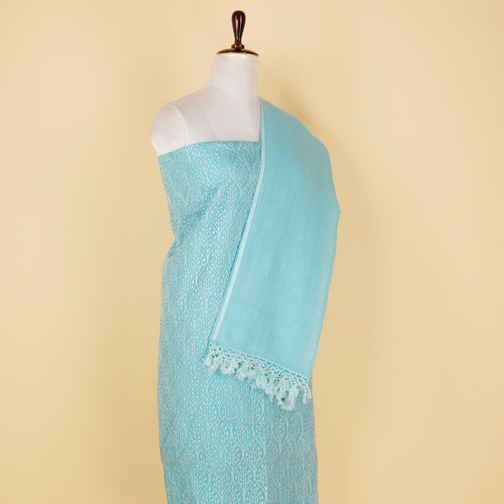 Sehrish Jaal Suit fabric set on Munga Kota (Unstitched)- Sky Blue