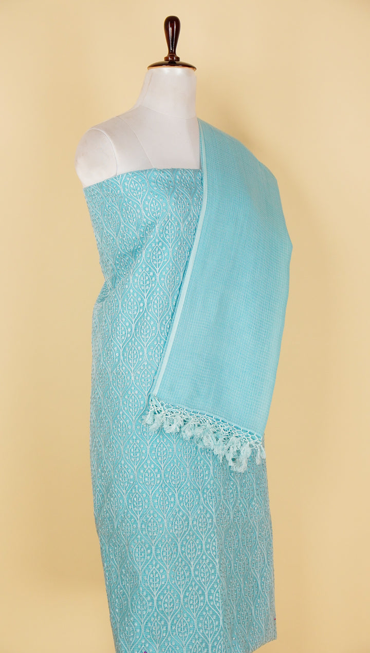 Sehrish Jaal Suit fabric set on Munga Kota (Unstitched)- Sky Blue