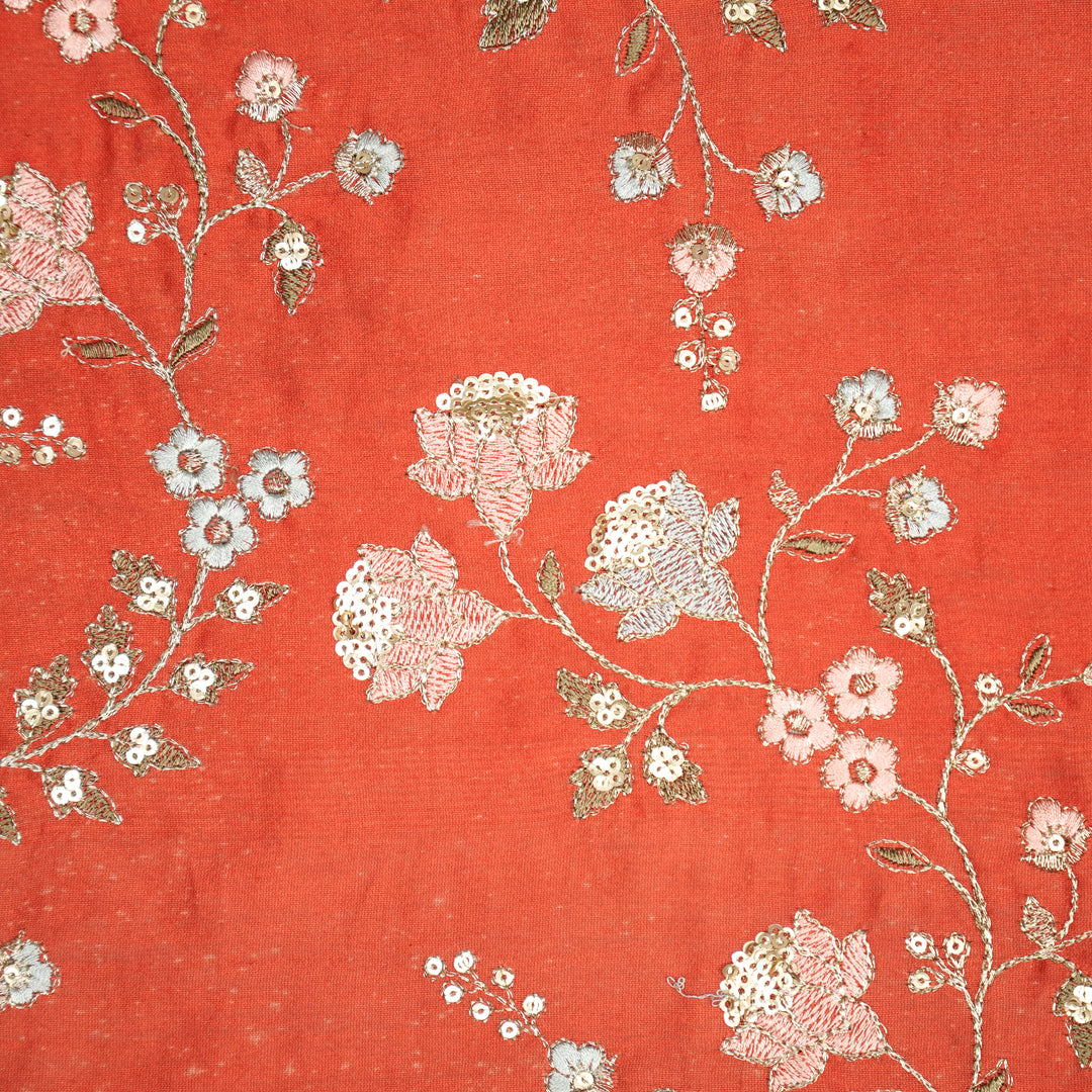 Lotus Sequins Jaal on Red Silk Chanderi