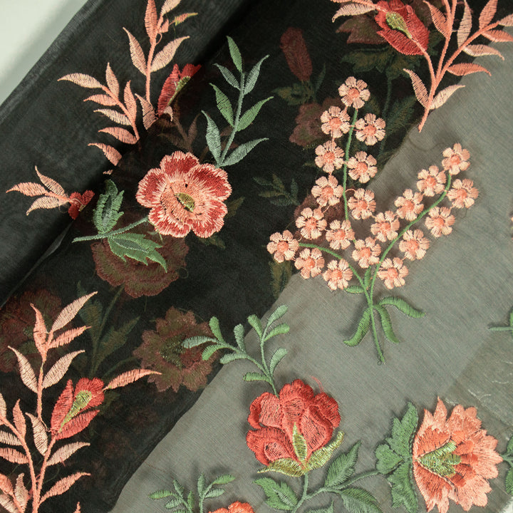 Black Silk Organza Aanya Jaal Embroidered Fabric