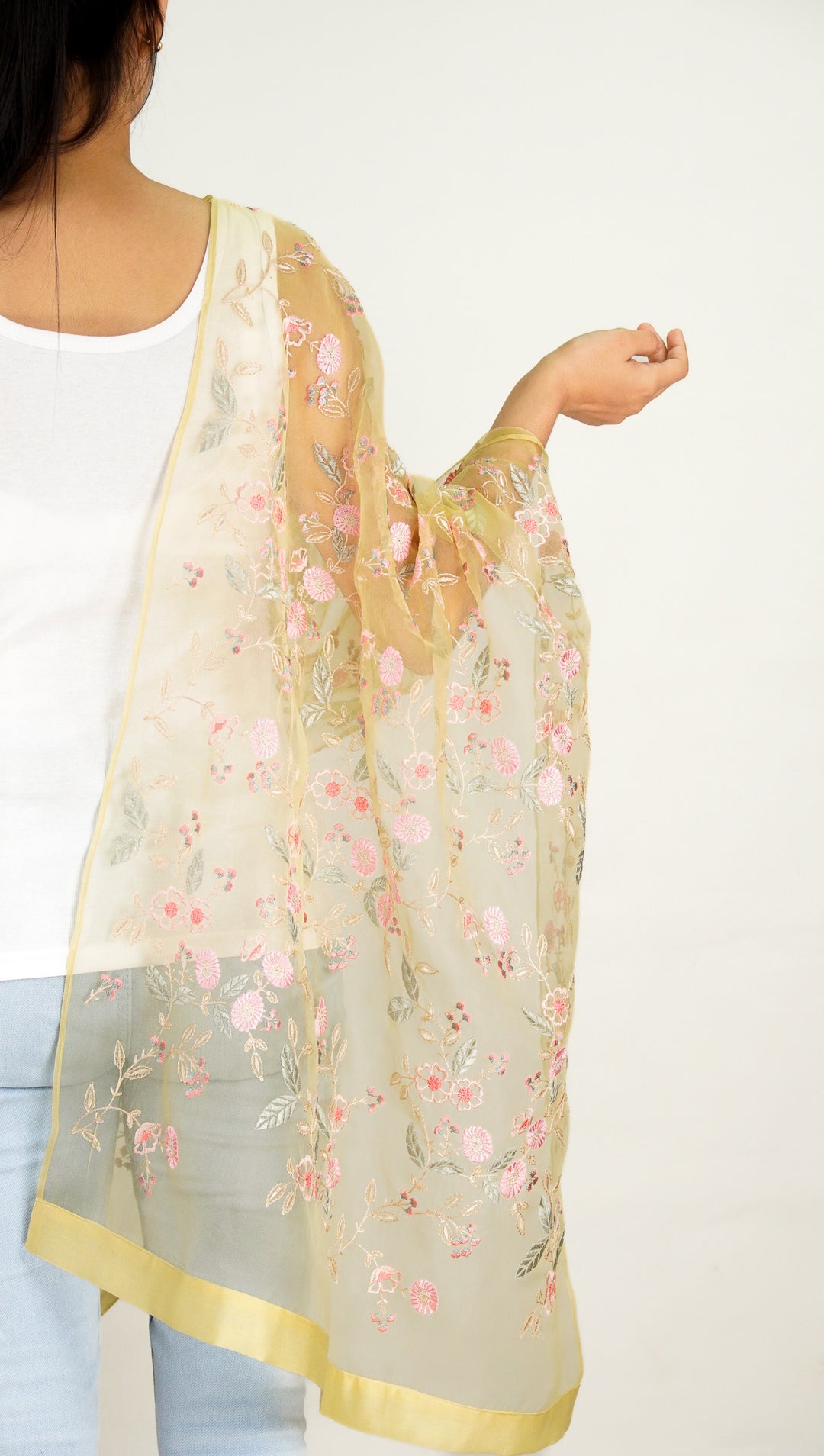 Naureen Embroidered Stole on Lemon Silk Organza