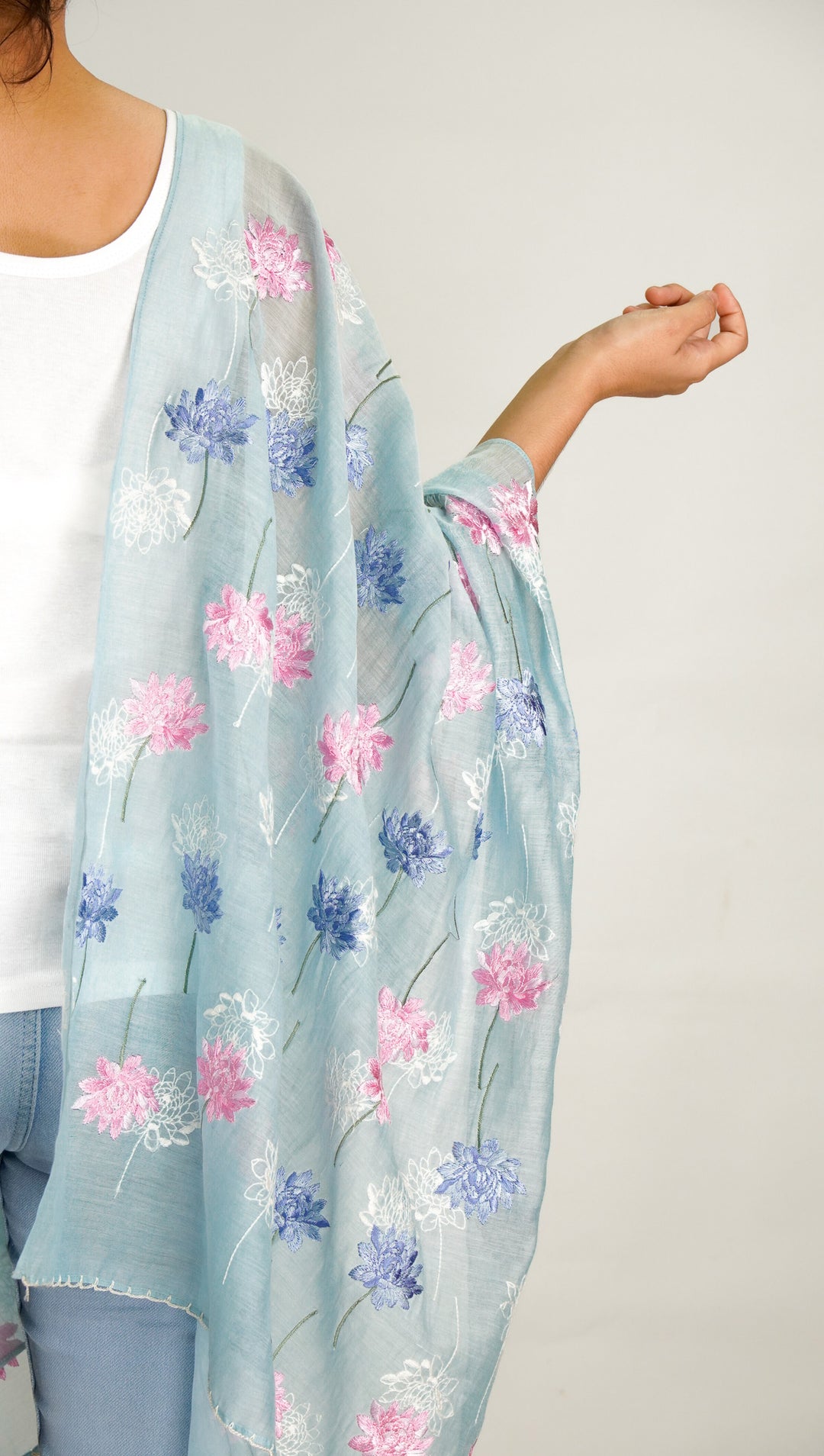 Sarah Embroidered Stole on Sky Blue Cotton Silk