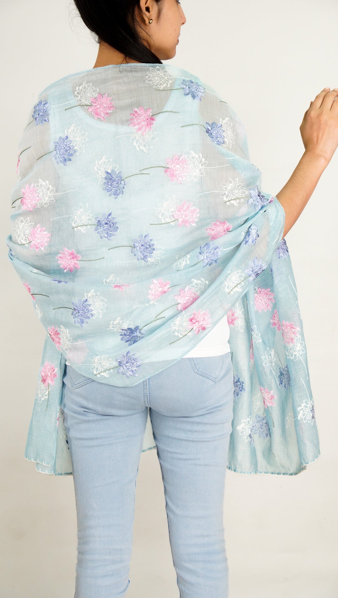 Sarah Embroidered Stole on Sky Blue Cotton Silk